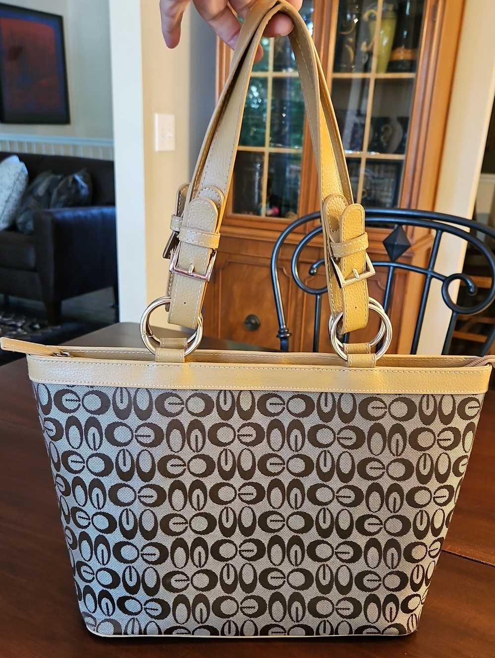 Designer-Style Beige and Brown Patterned Vintage Bucket Tote Bag